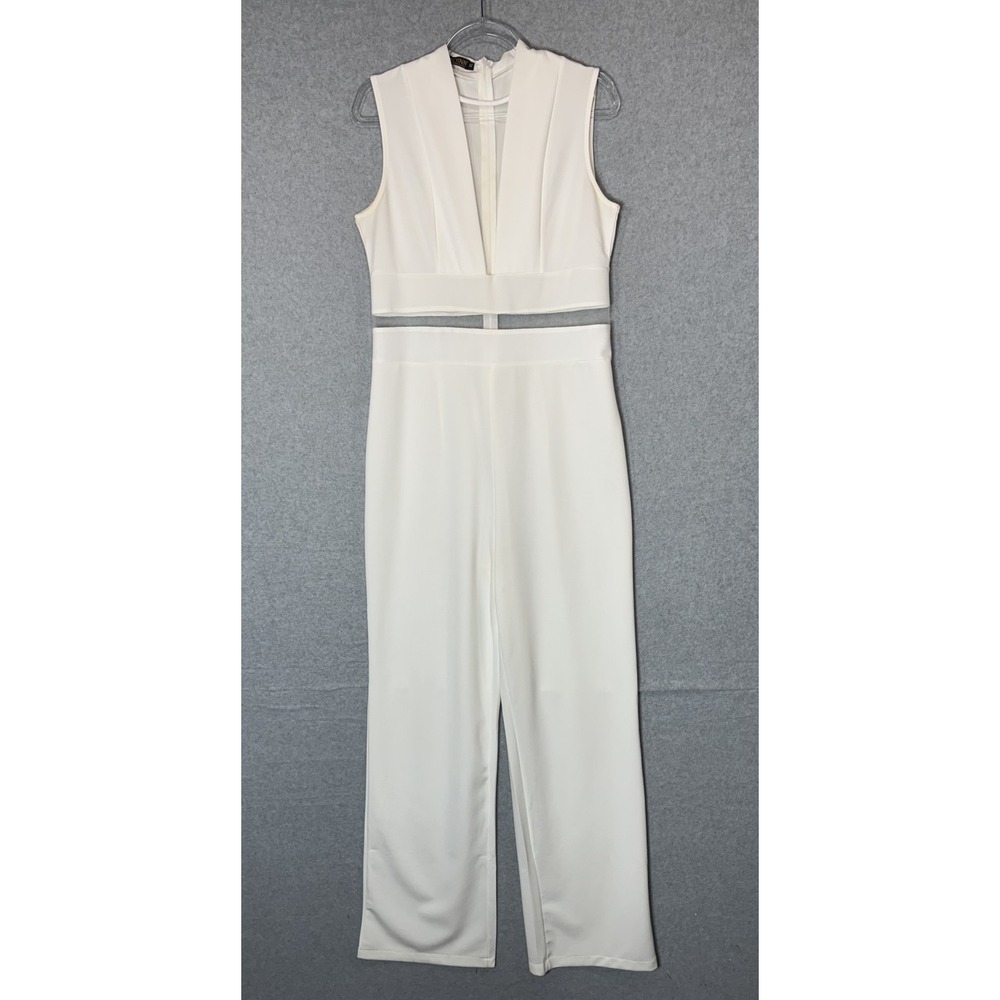 FANCYINN Jumpsuit Womens 1X White Sleeveless Mesh Panel V Neck Elegant Party